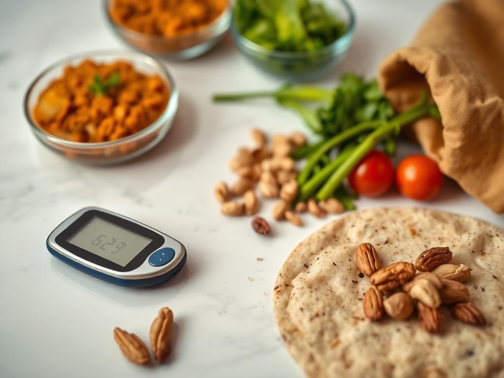 Glucometer with healthy Pakistani foods representing diabetes nutrition care