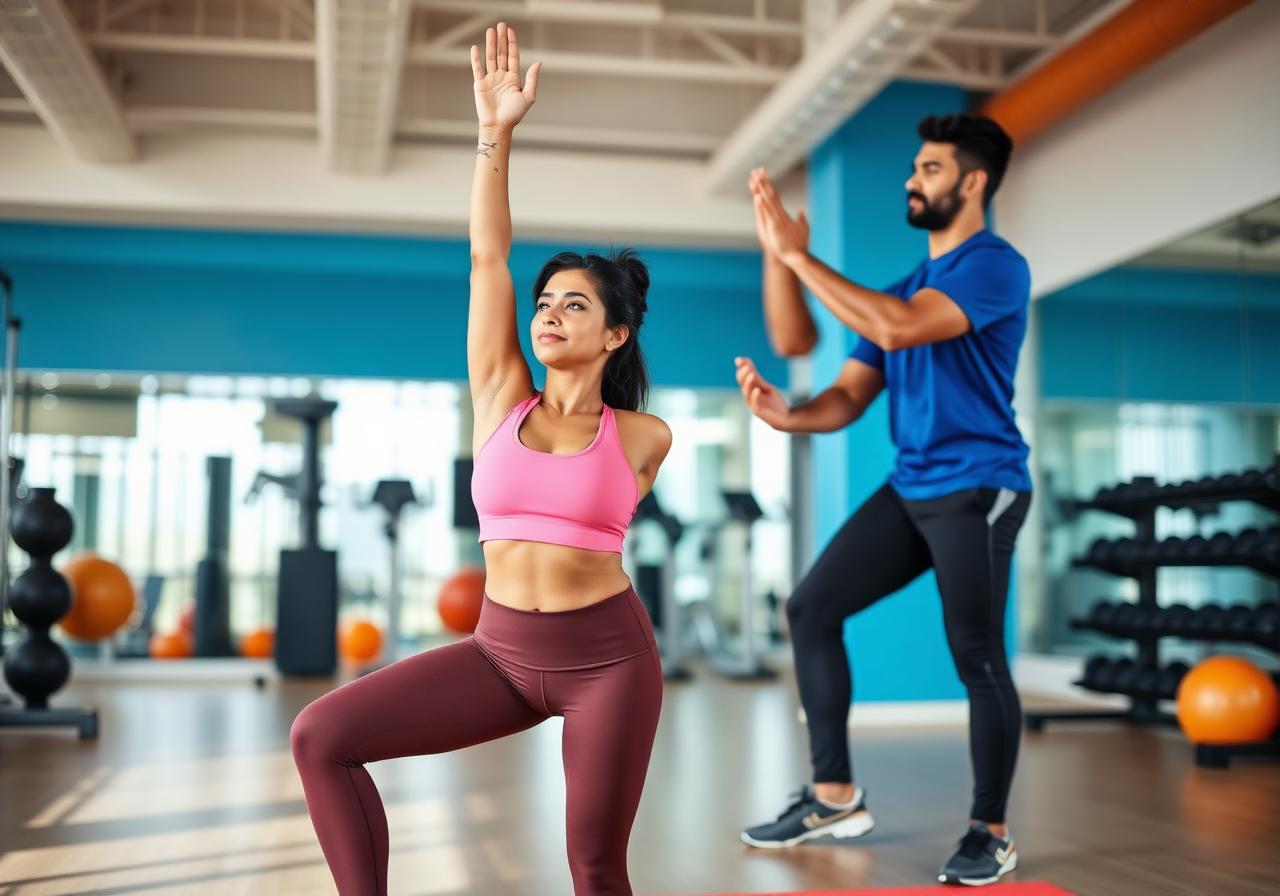 Personal trainer guiding a client through a strength and mobility session