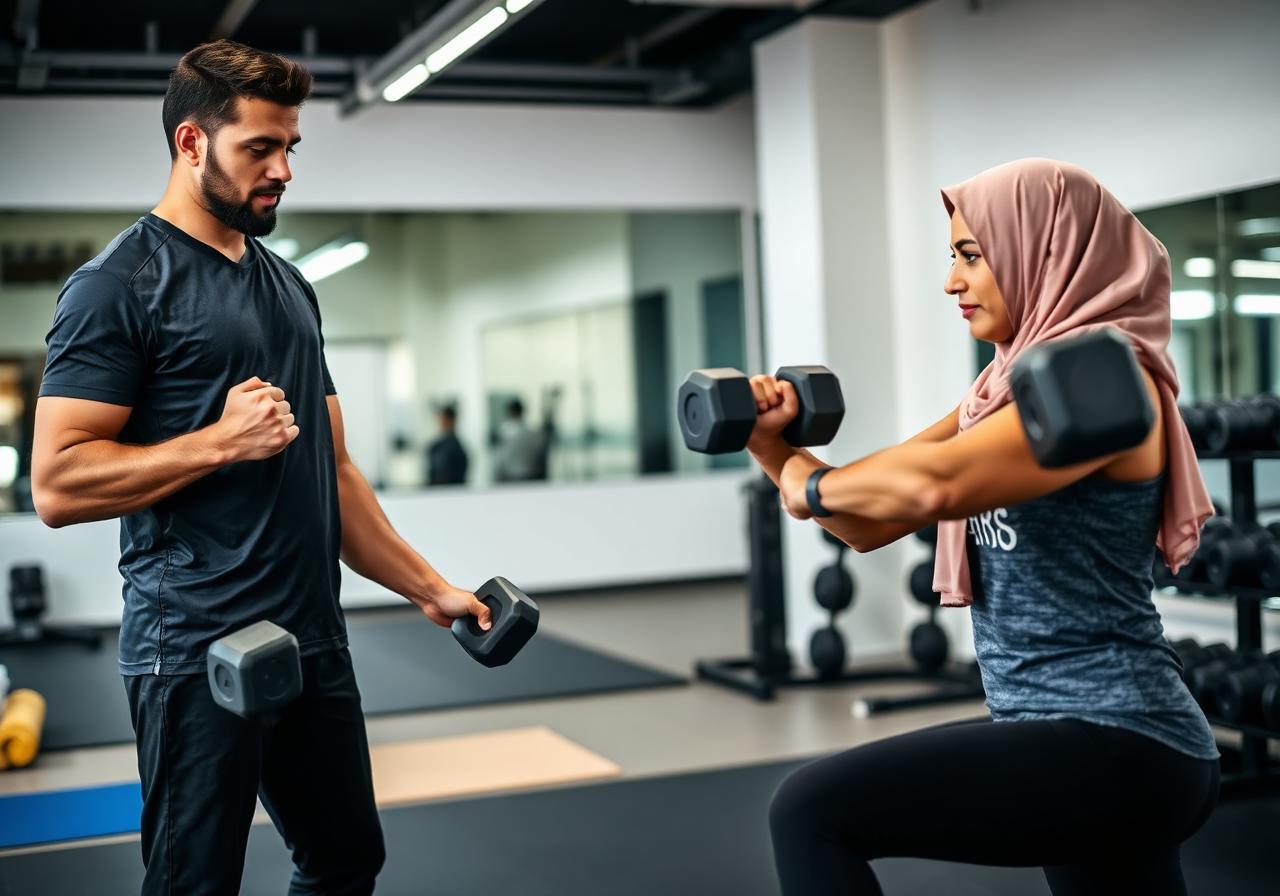 Personal trainer guiding a client through a strength and mobility session