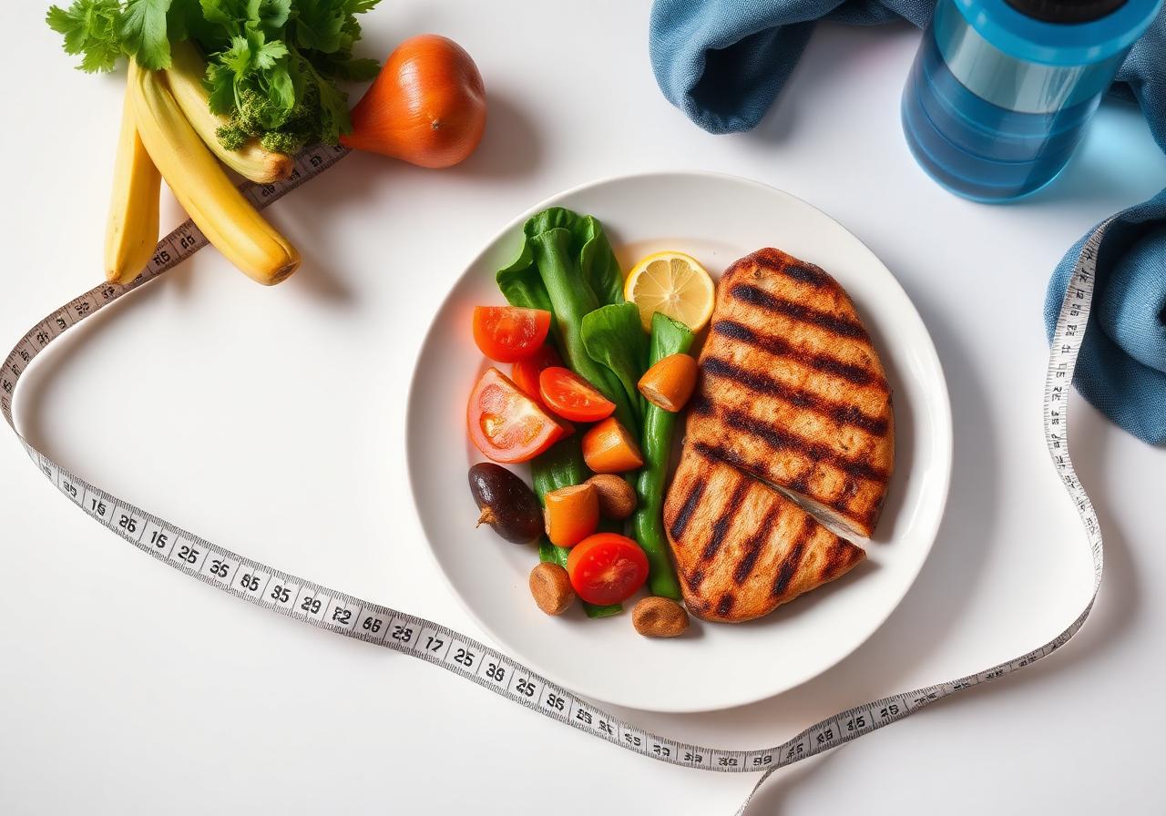 Healthy balanced meal plate with measuring tape representing sustainable weight loss