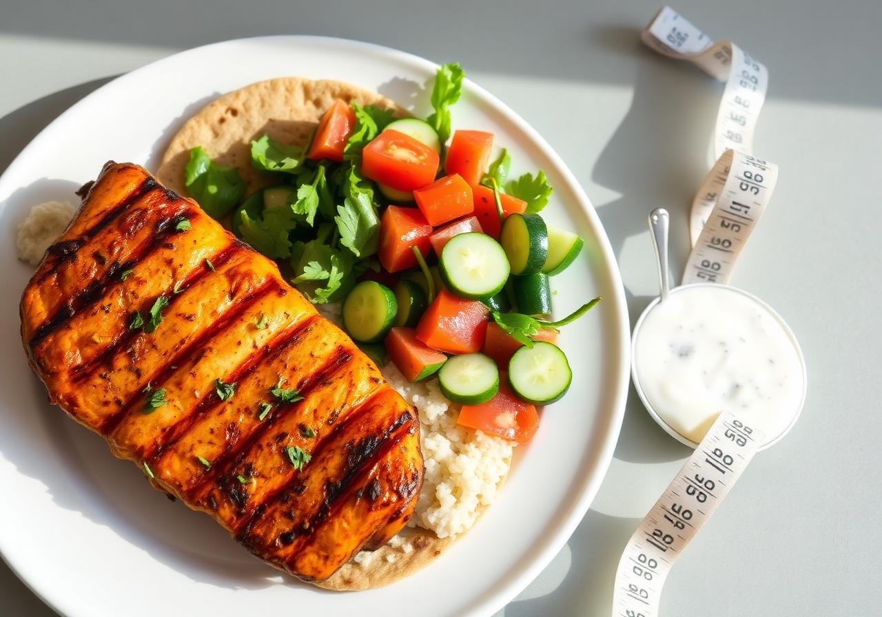 Healthy balanced meal plate with measuring tape representing sustainable weight loss